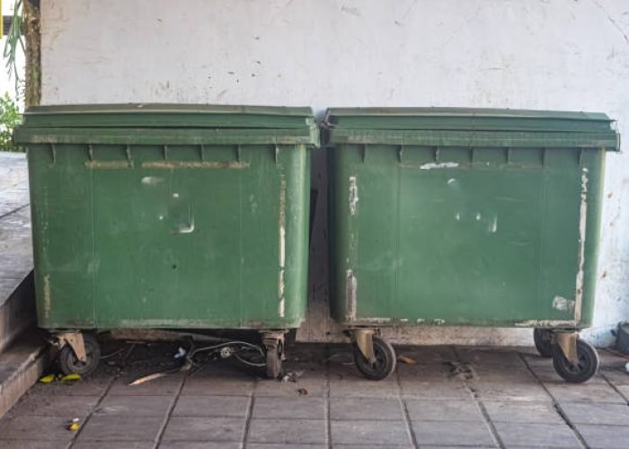 two large green trash cans that have wheels